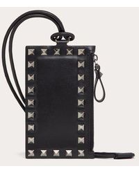 Rockstud Calfskin Card Holder With Neck Strap for Man in Black