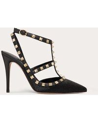 Valentino Garavani - Satin Rockstud Pump With All-over Tubes Embroidery And Straps 100 Mm - Lyst