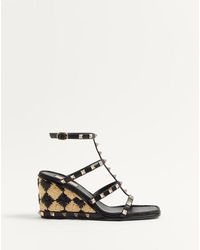 Valentino Garavani - Rockstud Calfskin Wedge Sandal With Check Embroidery 80Mm - Lyst