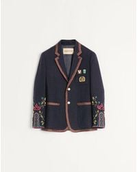 Valentino - Single-Breasted Linen Jacket With Beaded Embroidery And Patches - Lyst