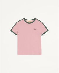Valentino - Cotton T-Shirt With Crew Neck, Contrasting Side Bands And Vlogo Embroidery - Lyst