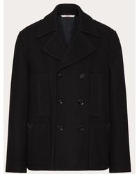 Valentino - Technical Wool Cloth Peacoat With Rubberised V Detail - Lyst