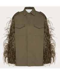 Valentino Gabardine Pea Coat With Feather Embroidery - Green