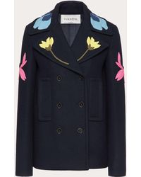 Valentino Pea Coat In Embroidered Diagonal Double Wool - Blue