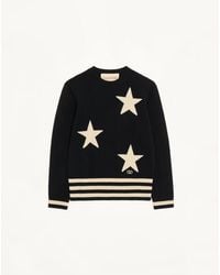 Valentino - Wool Crewneck Jumper With Star Motif And Vlogo Embroidery - Lyst