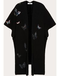 Valentino Wool Poncho With Butterfly Embroidery - Black
