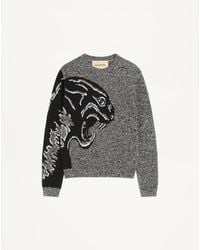 Valentino - Cotton And Mouliné Wool Jumper With Panther Jacquard - Lyst