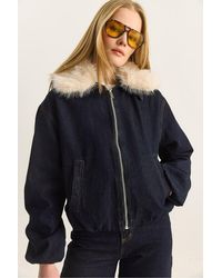 Bianco Lucci - Crop Denim Jacket With Faux Fur Detail - Lyst