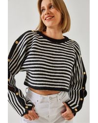 Bianco Lucci - Striped Crop Sweater With Button Detail - Lyst