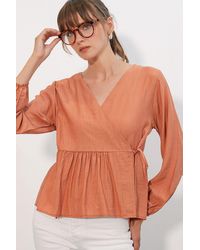 Bigdart - V-Neck Tie Detail Crepe Wrap Blouse - Lyst