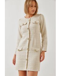 Bianco Lucci - Buttoned Pocket Tweed Mini Dress With Crew Neck - Lyst
