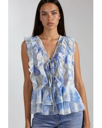 Hiccup - Floral V-Neck Chiffon Blouse With Tie Closure - Lyst