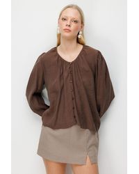 MixRay - Gelaagde Knop-Up Crew Neck Blouse - Lyst