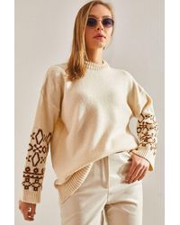Bianco Lucci - Crew Neck Jacquard Knit Sweater With Embroidery - Lyst