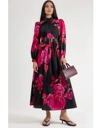 Msn-Collection - Floral Belted Maxi Dress With Half Turtleneck - Lyst