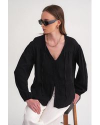 MixRay - Long Sleeve Relaxed Fit Blouse With Tie-Neck - Lyst