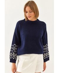 Bianco Lucci - Crew Neck Jacquard Knit Sweater With Embroidery - Lyst