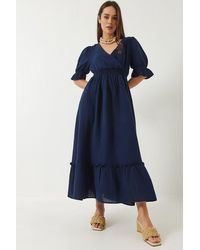 Bianco Lucci - V-Neck Textured Midi Dress With Elastic Detail - Lyst