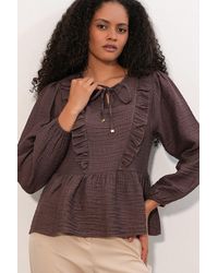 Bigdart - Frilly Woven Blouse With Tie Closure - Lyst