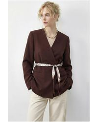 Bianco Lucci - V-Neck Belted Blazer Jacket - Lyst