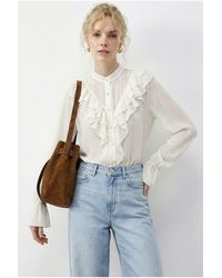 Bianco Lucci - Frilly Mandarin Collar Long Sleeve Chiffon Shirt - Lyst