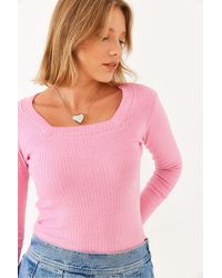 Bianco Lucci - Fitted Long Sleeve Textured Crop T-Shirt With U Collar - Lyst