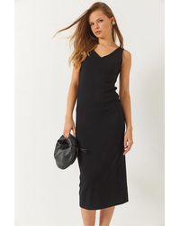Bianco Lucci - V-Neck Ribbed Midi Dress - Lyst