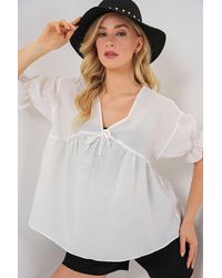 Bigdart - Textured V-Neck Blouse With Bow - Lyst