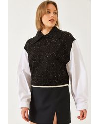 Bianco Lucci - Textured Knit Crop Sweater With Shirt Collar - Lyst