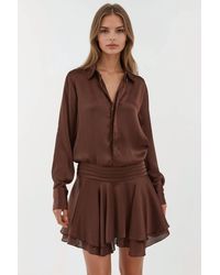 Hiccup - Ruffle Drape Long Sleeve Mini Dress With Shirt Collar - Lyst