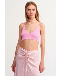 Dilvin - Fitted Ribbed Halter Crop Blouse With Tie Detail - Lyst