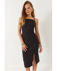 Bianco Lucci - Fitted Midi Dress With Square Collar And Slit - Lyst