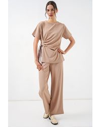 Bigdart - Crew Neck Tie Detail Ribbed Co-Ord Set With Wide Leg Trousers - Lyst