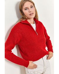 Bianco Lucci - Oversized Textured Knit Sweater With Zipper Collar - Lyst