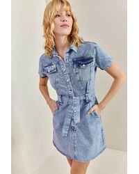 Bianco Lucci - Mini Denim Dress With Shirt Collar And Belt - Lyst
