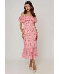 Hiccup - Off Shoulder Flower Pattern Bodycon Midi Dress - Lyst