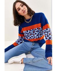 Bianco Lucci - Leopard Printed Crew Neck Knit Sweater - Lyst