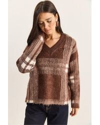 Bianco Lucci - Plaid V-Neck Long Sleeve Knit Sweater - Lyst