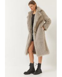 Bianco Lucci - Long Faux Fur Coat With Shawl Collar - Lyst