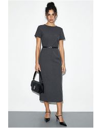 Bianco Lucci - Belted Midi Dress With Crew Neck - Lyst