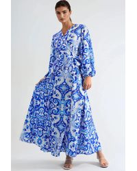 Msn-Collection - Printed V-Neck Maxi Dress With Long Sleeves - Lyst
