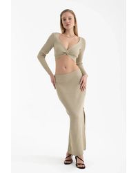Hiccup - 2 Pieces: V Neck Long Sleeve Crop Top & High Waist Slit Maxi Skirt - Lyst