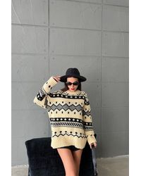 Hiccup - Patterned Crew Neck Oversized Sweater - Lyst