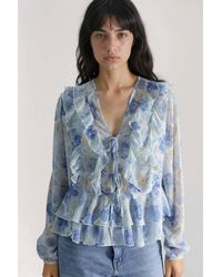 Hiccup - Frilly V-Neck Patterned Blouse - Lyst
