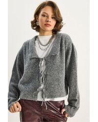 Bianco Lucci - Oversized V-Neck Tie Closure Ribbed Cardigan - Lyst