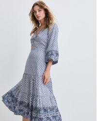 Womens Clothing Dresses Casual and day dresses Veronica Beard Eunice Striped Embroidered Cotton Midi Dress in Blue Grey 