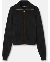 Versace - Embroidered Wool Knit Zip Sweater - Lyst