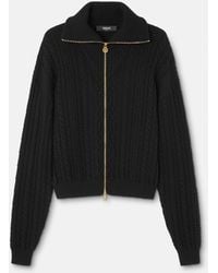 Versace - Embroidered Wool Knit Zip Sweater - Lyst