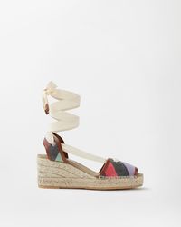 Versace - Lola Striped Denim Wedge Sandals 65 Mm - Lyst