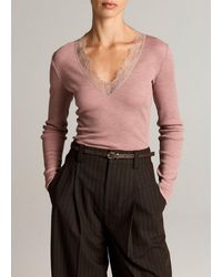 Vince - Lace-Trim Ribbed Long-Sleeve V-Neck Top - Lyst